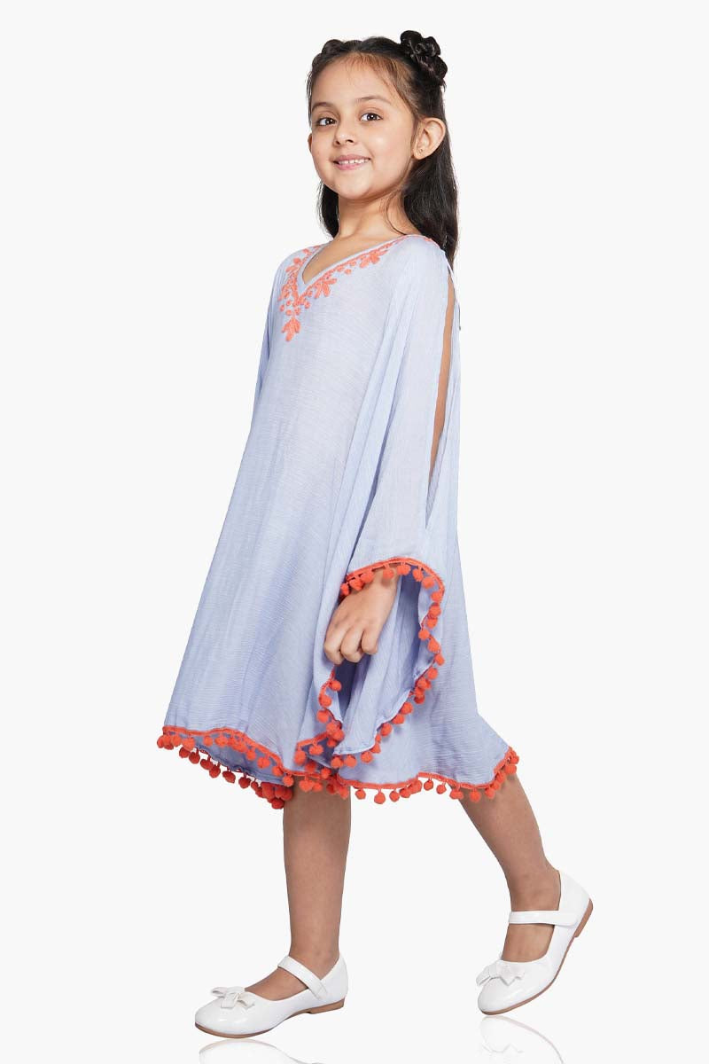 Blue Heron Embroidered Kaftan With Pom Pom  4-7 Years