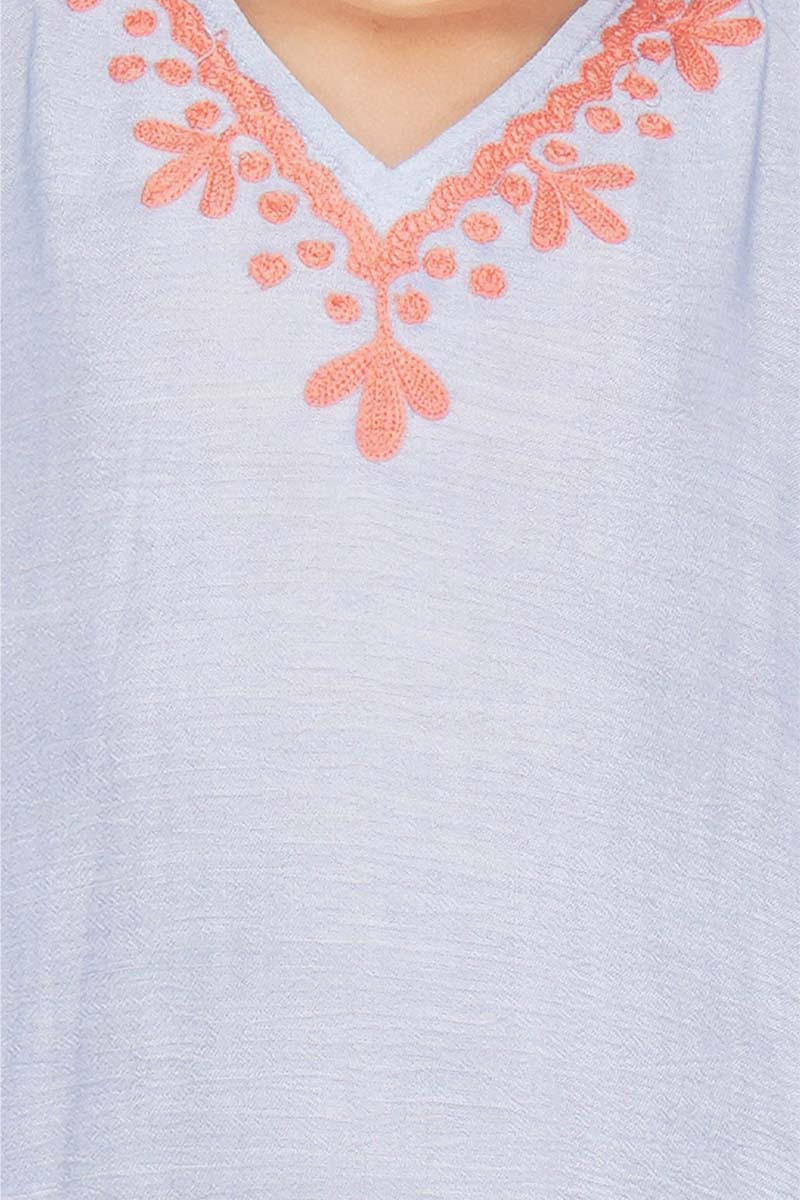 Blue Heron Embroidered Kaftan With Pom Pom  4-7 Years