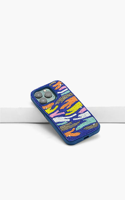 Blue Rainbow Zebra Beaded IPhone 14Pro Case