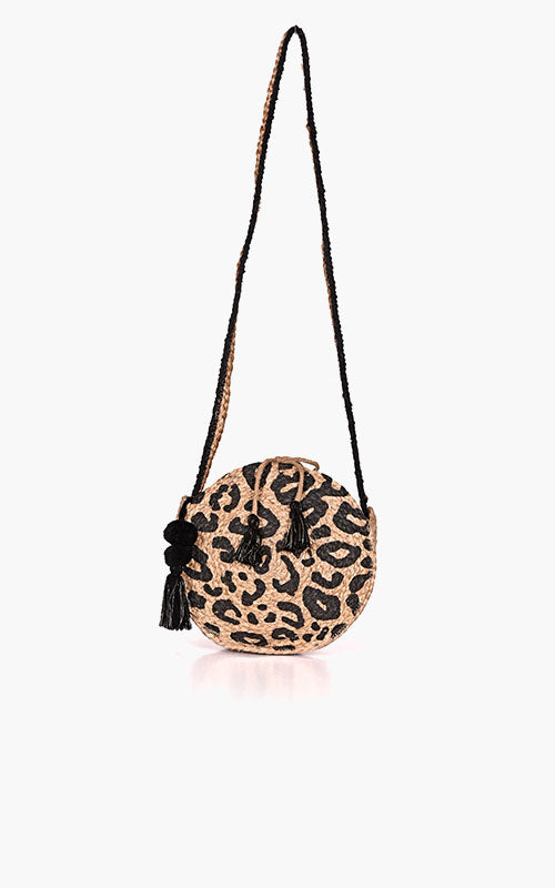 Leopard Print Jute Round Crossbody Bag