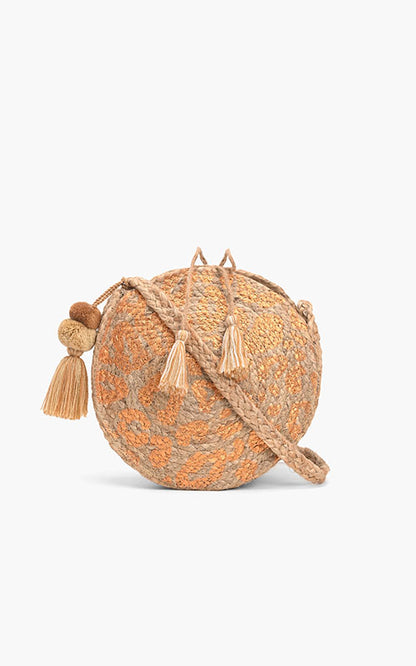 Leopard Gold Foil  Print Jute Round Crossbody Bag