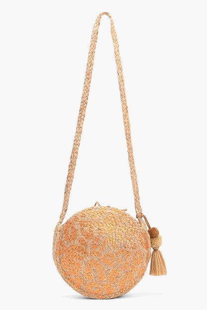 Leopard Gold Foil  Print Jute Round Crossbody Bag