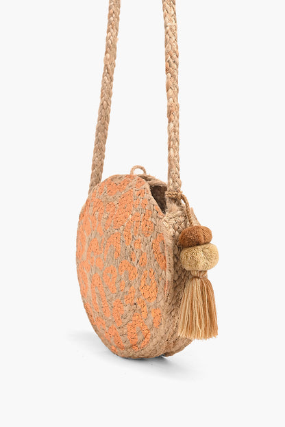 Leopard Gold Foil  Print Jute Round Crossbody Bag