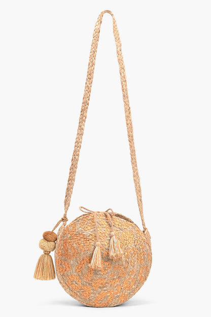 Leopard Gold Foil  Print Jute Round Crossbody Bag