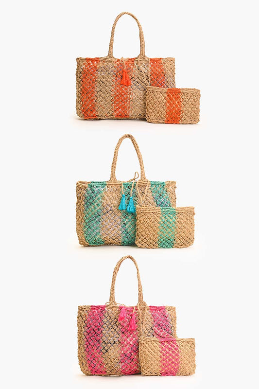 Set of 3 Stripe Macreme Jute Tote with Zip Clutch