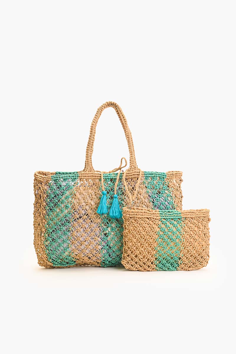 Set of 3 Stripe Macreme Jute Tote with Zip Clutch