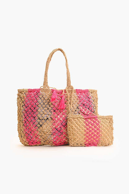 Set of 3 Stripe Macreme Jute Tote with Zip Clutch