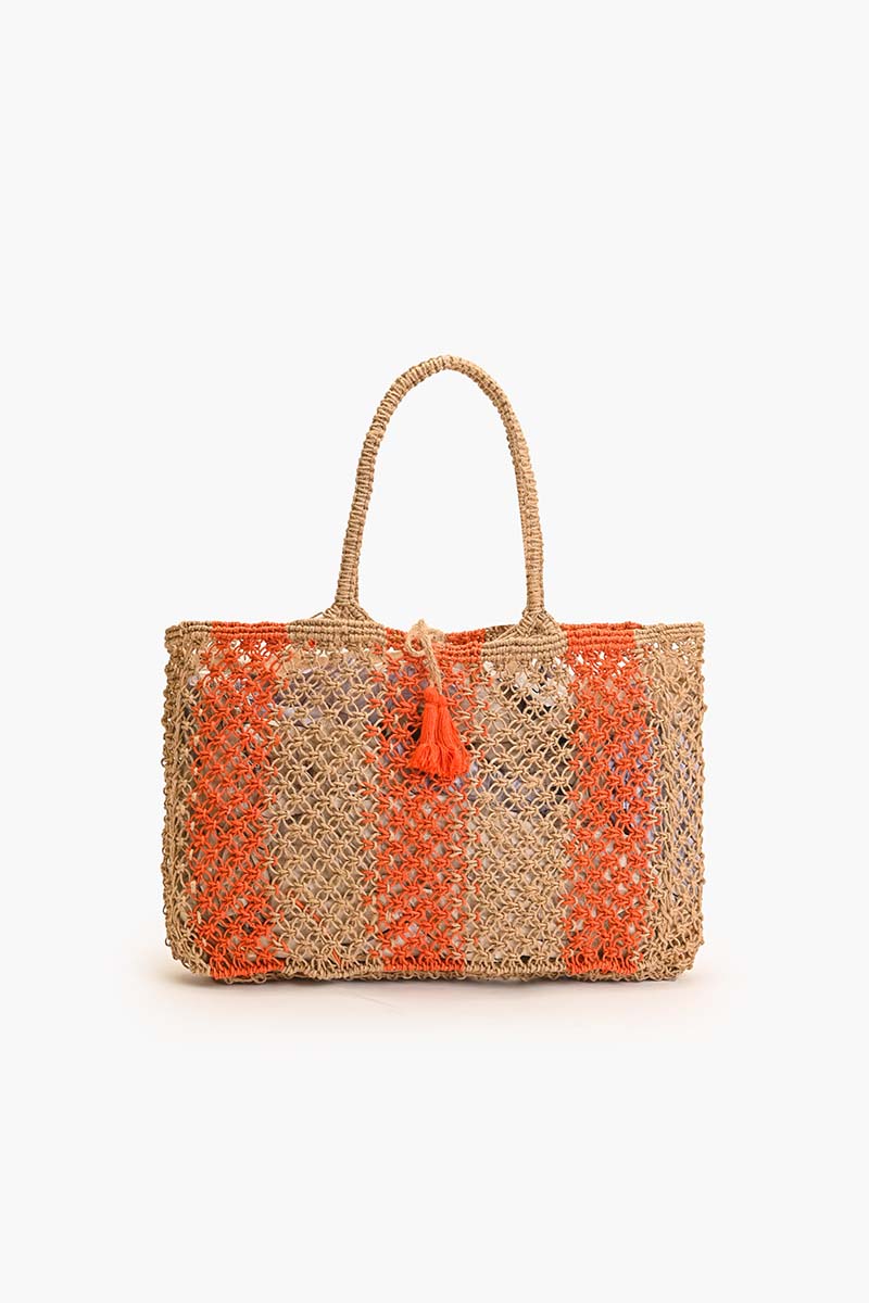 Set of 3 Stripe Macreme Jute Tote with Zip Clutch