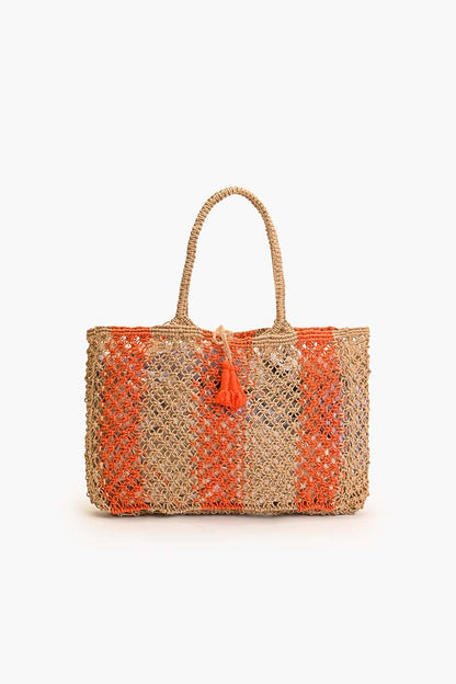 Set of 3 Stripe Macreme Jute Tote with Zip Clutch