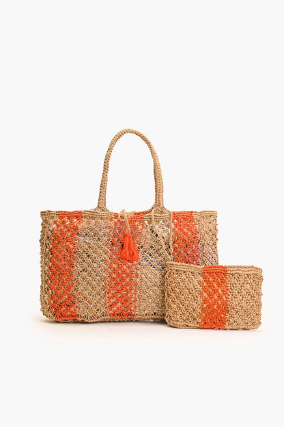 Set of 3 Stripe Macreme Jute Tote with Zip Clutch