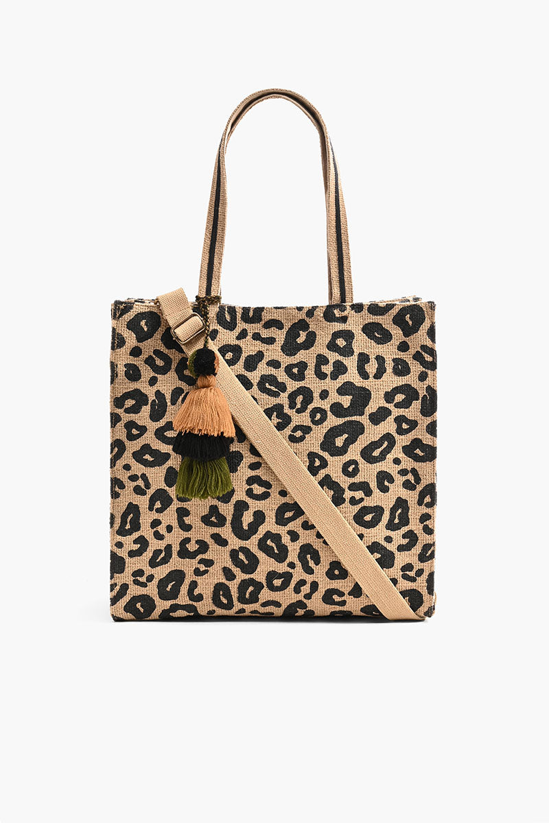Leopard Print Jute Brown Tote With Tassel