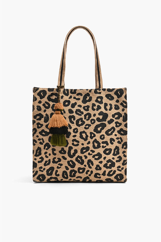 Leopard Print Jute Brown Tote With Tassel