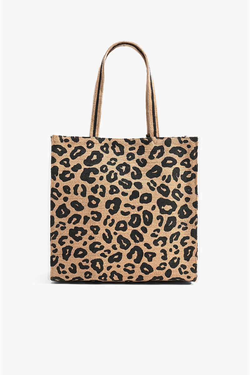 Leopard Print Jute Brown Tote With Tassel