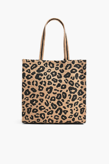 Leopard Print Jute Brown Tote With Tassel