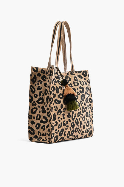 Leopard Print Jute Brown Tote With Tassel