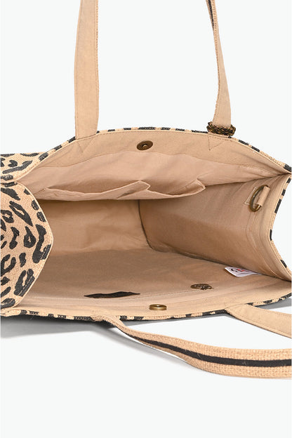 Leopard Print Jute Brown Tote With Tassel