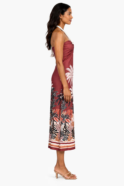 Set of 6 Tropical Placement Print Twist-Front Rope Halter Midi Dress  (S,M,L)