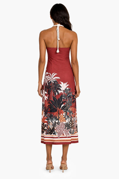 Tropical Placement Print Twist-Front Rope Halter Midi Dress