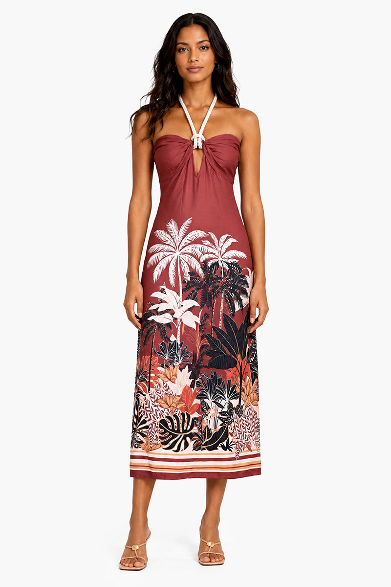 Set of 6 Tropical Placement Print Twist-Front Rope Halter Midi Dress  (S,M,L)