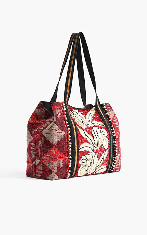 Red Dahlia Embellished Tote