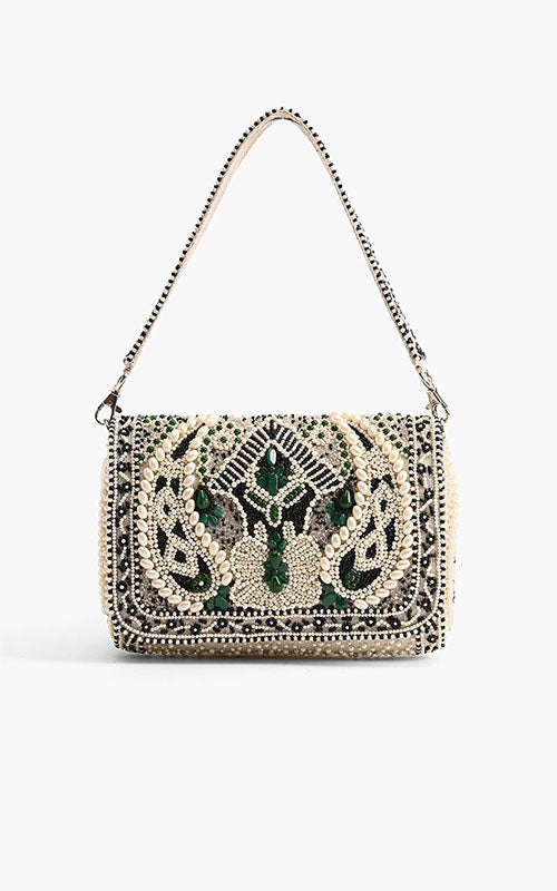 Emerald Stone Embellished Shoulder Bag