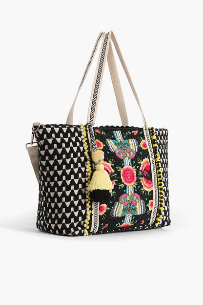Midnight Butterfly Embellished Tote W/Crossbody Strap