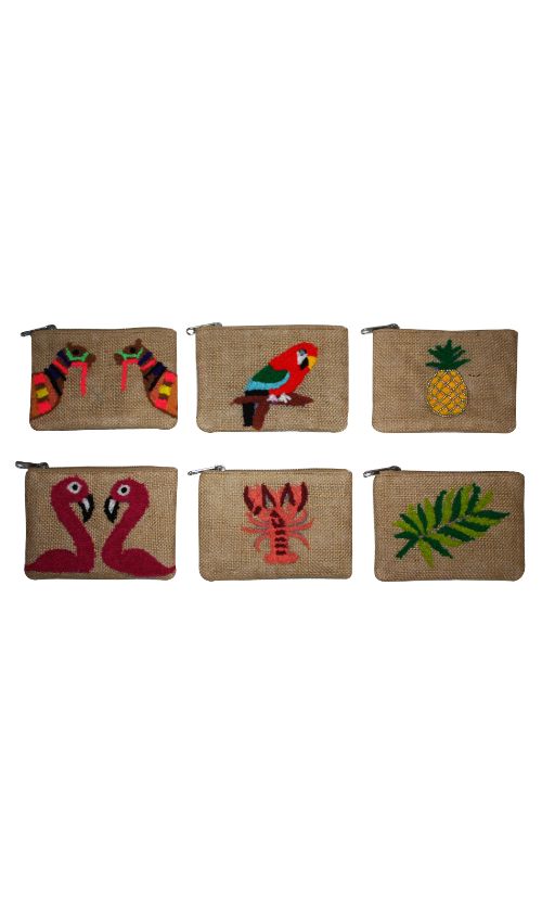 Set of 6 Assorted Embroidered jute Coin Bags