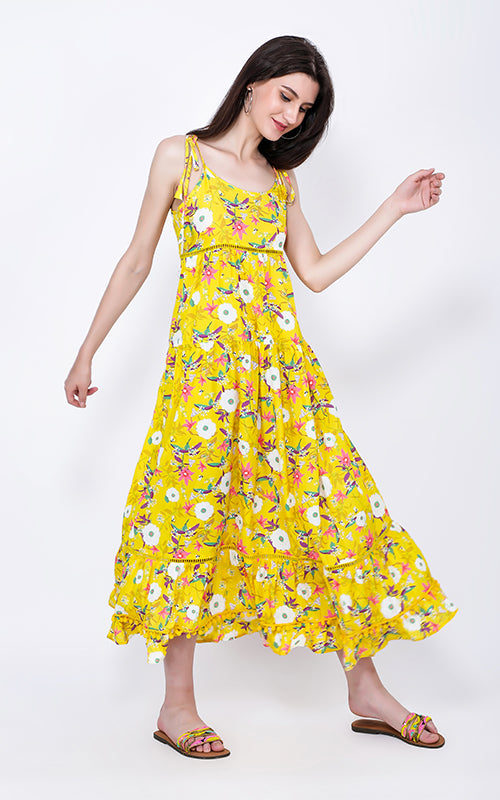 Sunshine Florals Pompom Maxi Dress