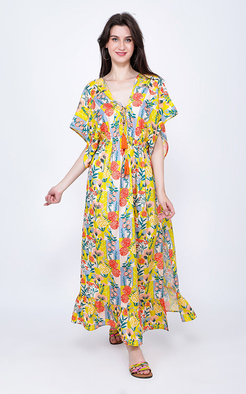 Set of 6 Scribble Tile Floral Maxi Dress with Kimono Sleeves (S,M,L)