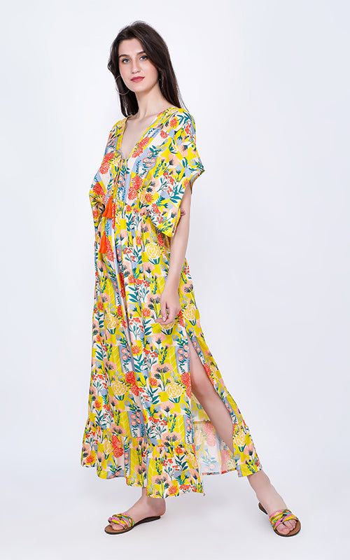 Set of 6 Scribble Tile Floral Maxi Dress with Kimono Sleeves (S,M,L)