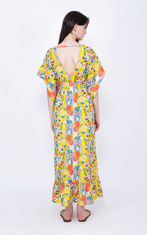 Set of 6 Scribble Tile Floral Maxi Dress with Kimono Sleeves (S,M,L)