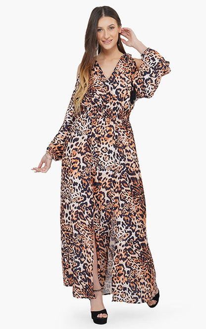 Set of 6 Brown Leopard Cold Shoulder Maxi Dress (S,M,L)
