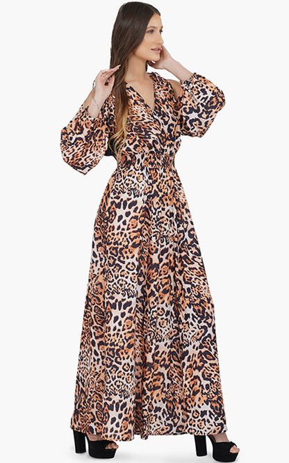 Set of 6 Brown Leopard Cold Shoulder Maxi Dress (S,M,L)
