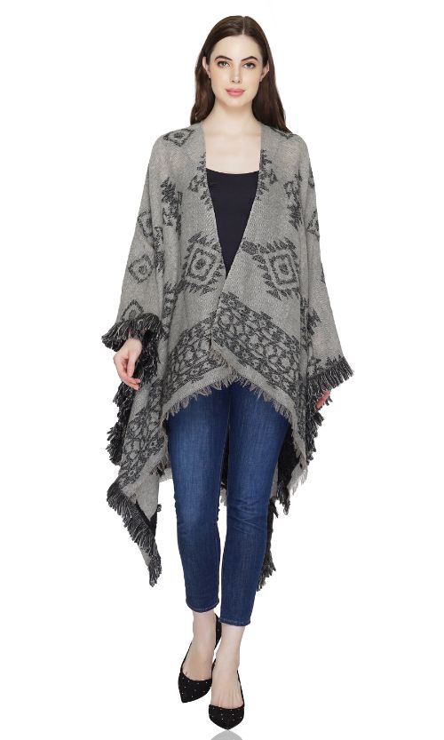 Set of 6 Aztec Jacquard Black & Gray Poncho / Cape (S,M,L)