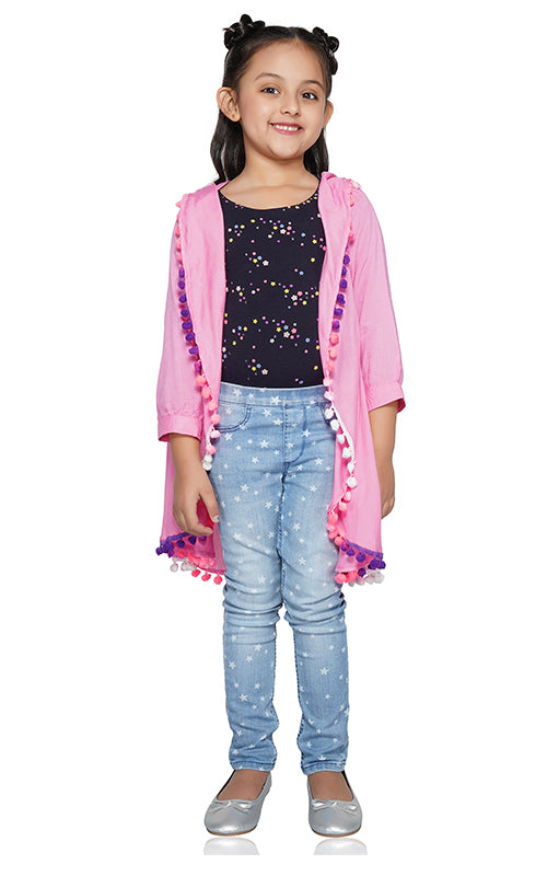 Pink Carnation Hooded Kaftan With Pompom  4-7 Years