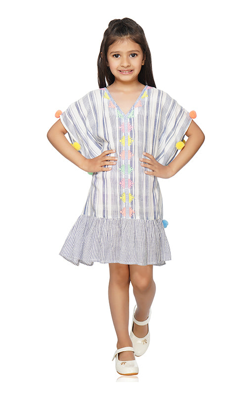 Stripe Embroidered Caftan With Pom Poms  4-7 Years