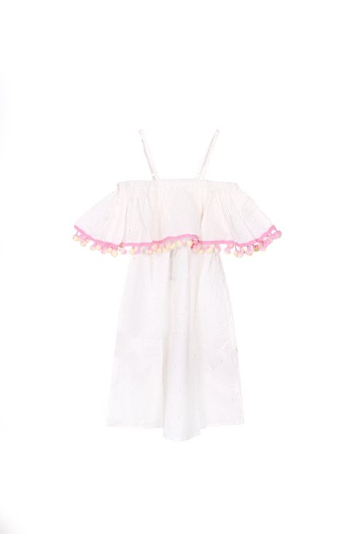 Bright White Lurex Dobby Strap Dress With Tie & Dye Pom Pom Lace 8-12 Yrs