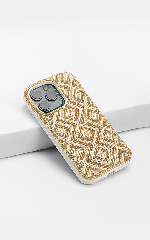 Pearl White and Gold Beaded Iphone 14Pro Case