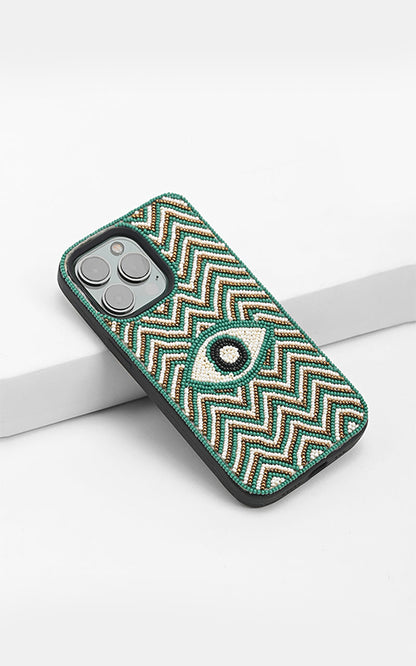 Emerald Evil Eye Beaded Iphone 14Pro Case