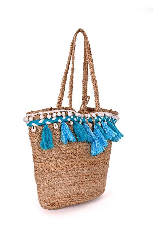 Mexicana Embroidered Jute Tote-Turq