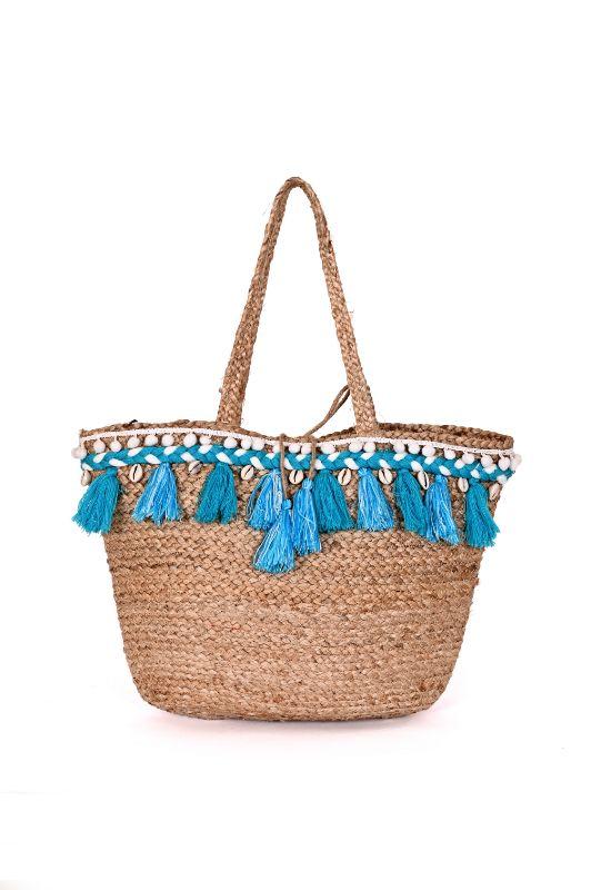 Mexicana Embroidered Jute Tote-Turq